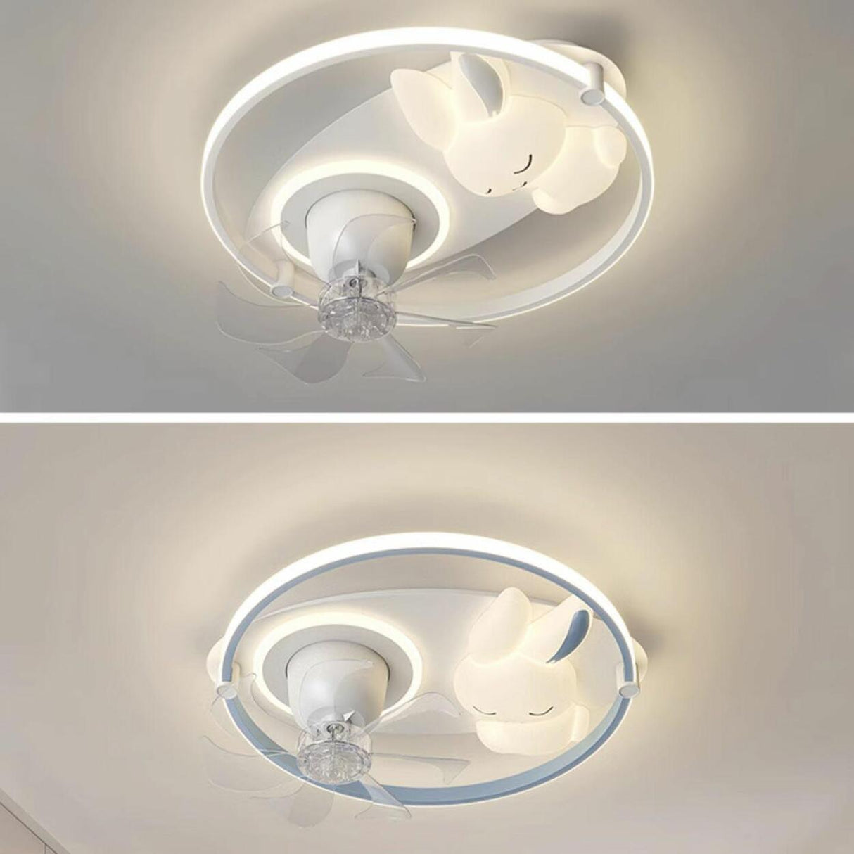 Kids Room Simple White Rabbit Circle Ceiling Fan Light Image - 12