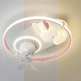 Kids Room Simple White Rabbit Circle Ceiling Fan Light Image - 13