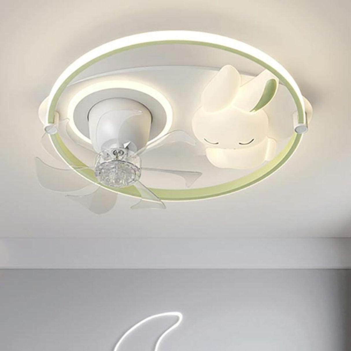 Kids Room Simple White Rabbit Circle Ceiling Fan Light Image - 16