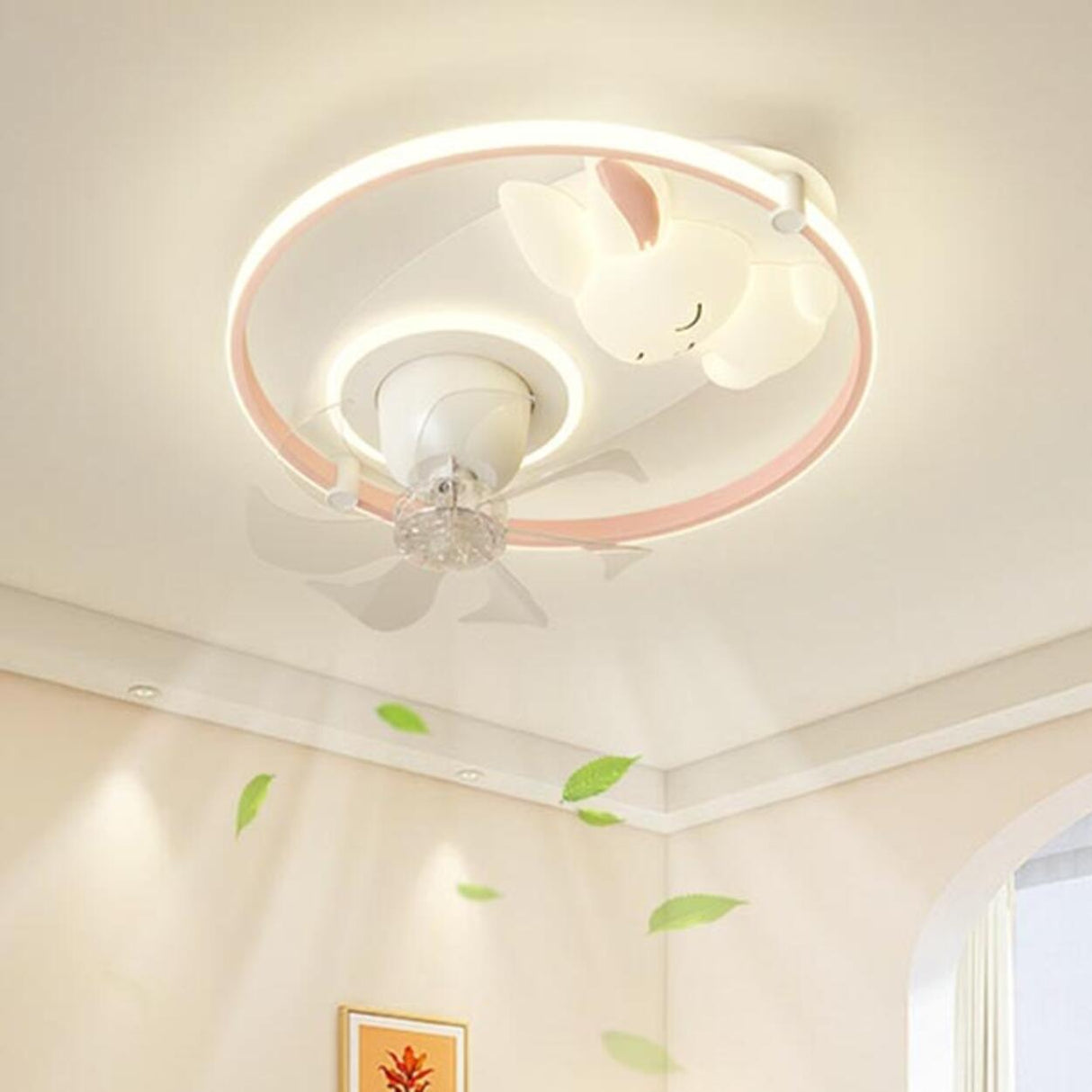 Kids Room Simple White Rabbit Circle Ceiling Fan Light Image - 17