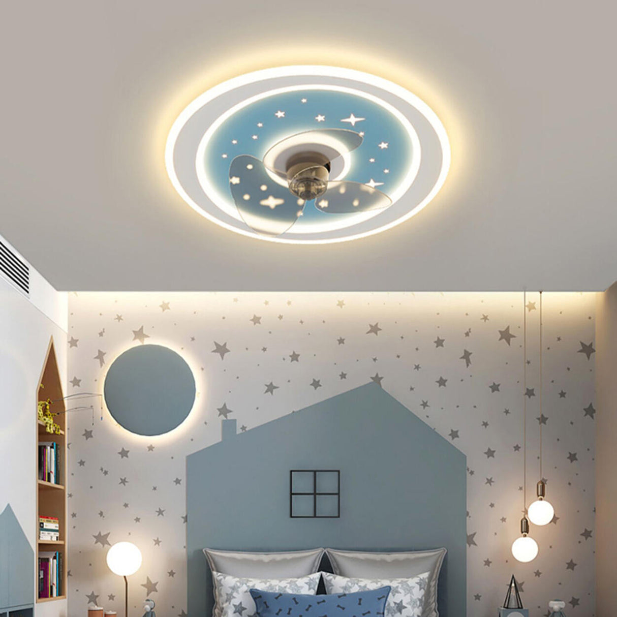 Kids Room Sleek Star-Themed Round Ceiling Fan Light Image - 4