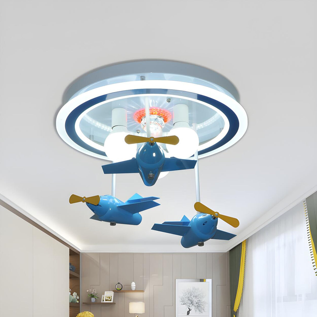 Kids Room Small Blue Airplane LED Flush Mount Light Image - 1