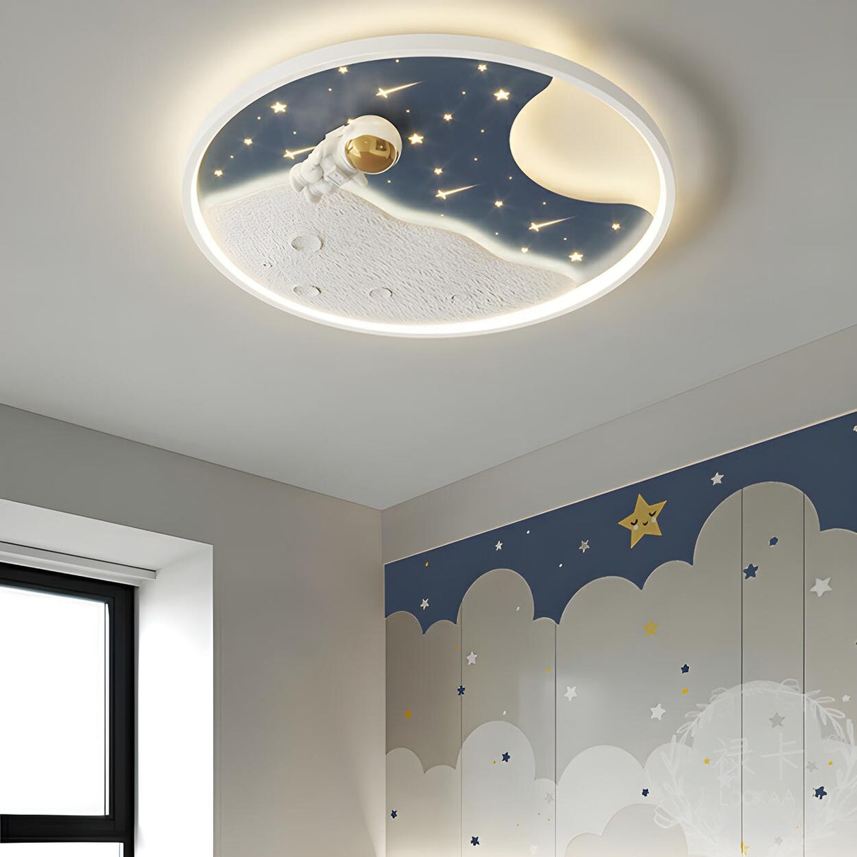 Kids Room Space Astronaut Round LED Flush Mount Light Image - 16