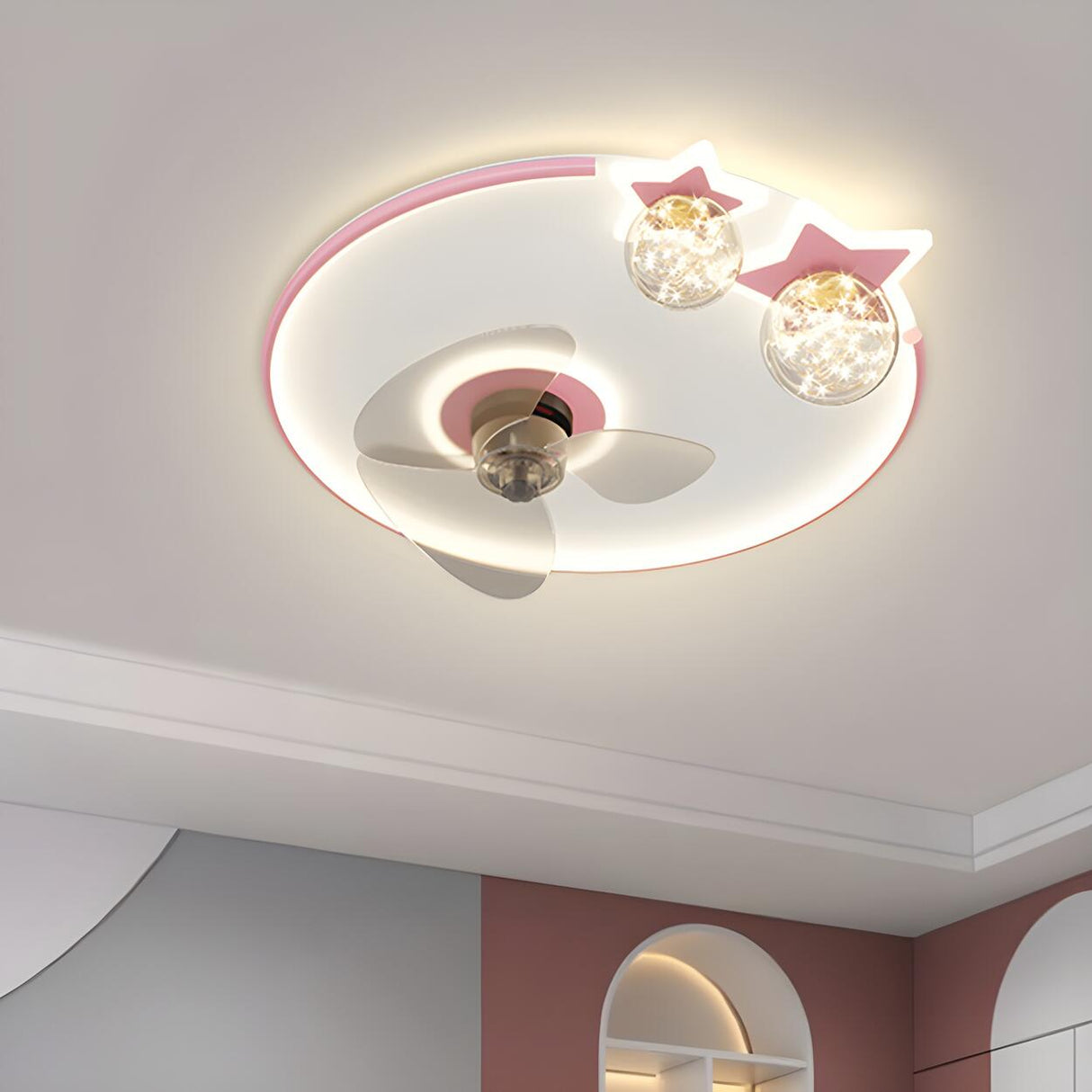 Kids Room Star Recessed Round Ceiling Fan with Light Image - 1