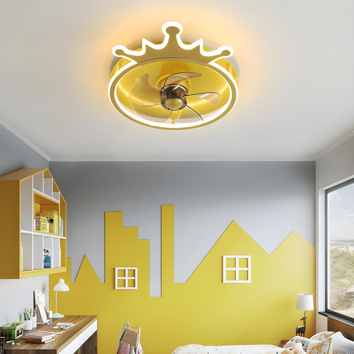 Kids Room Stylish Golden Crown LED Ceiling Fan Light Image - 1