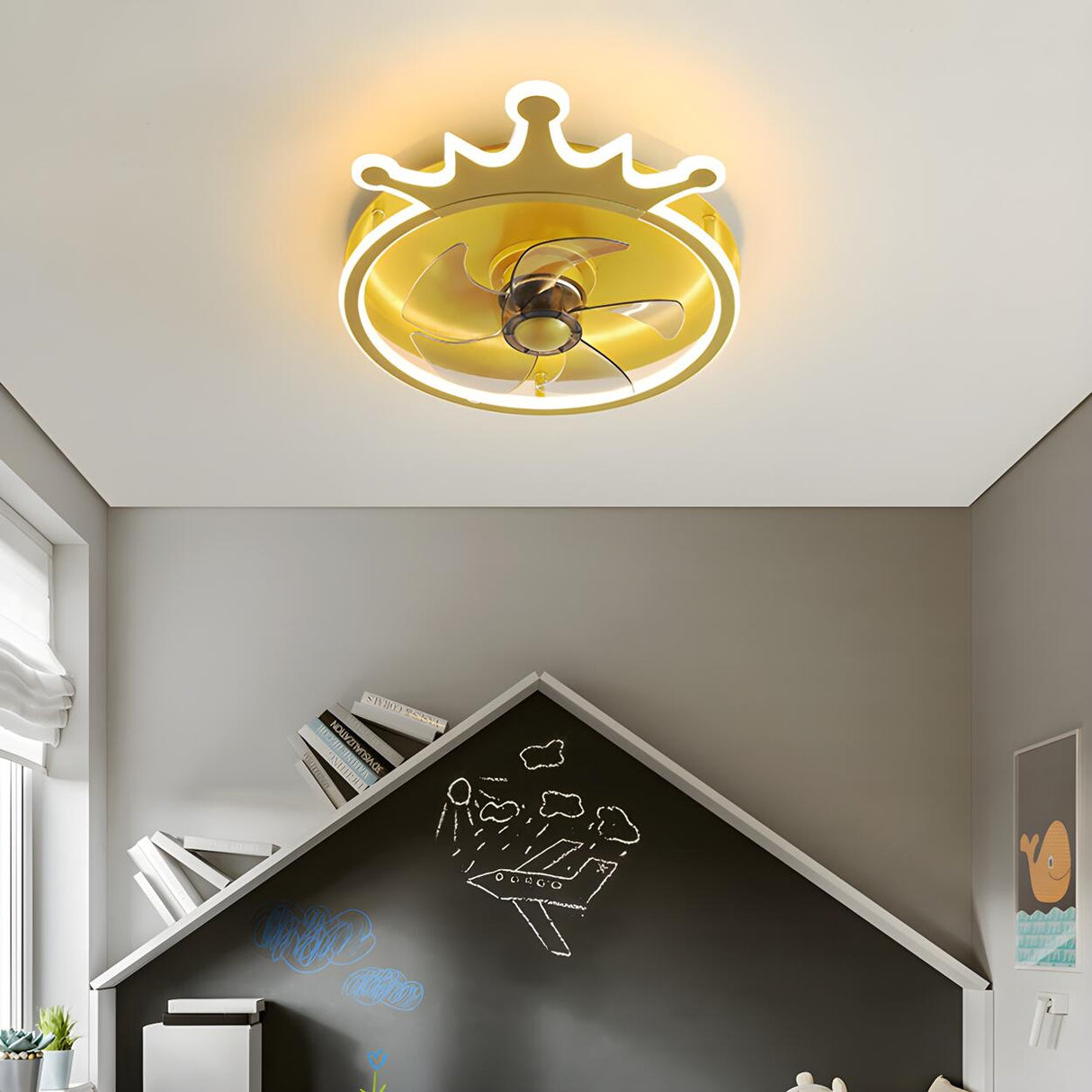 Kids Room Stylish Golden Crown LED Ceiling Fan Light Image - 14