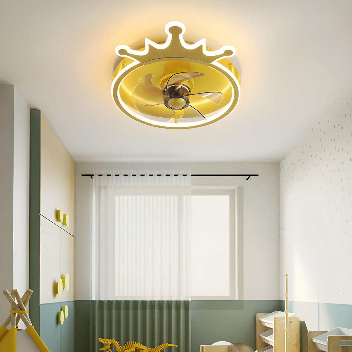 Kids Room Stylish Golden Crown LED Ceiling Fan Light Image - 15