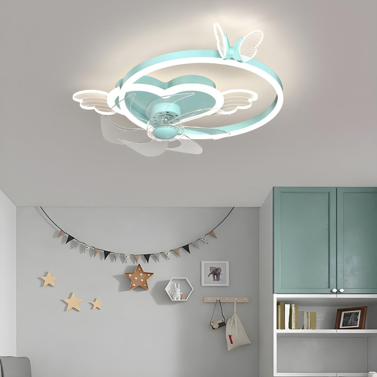 Kids Room Stylish Love Heart Ring Ceiling Fan Light Image - 1