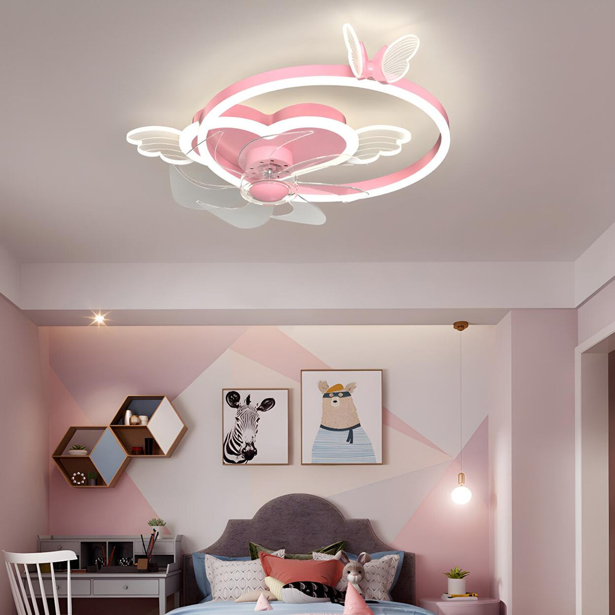 Kids Room Stylish Love Heart Ring Ceiling Fan Light Image - 4