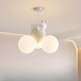 Kids Room White Globe Glass Resin Rabbit Bear Chandelier Image - 2