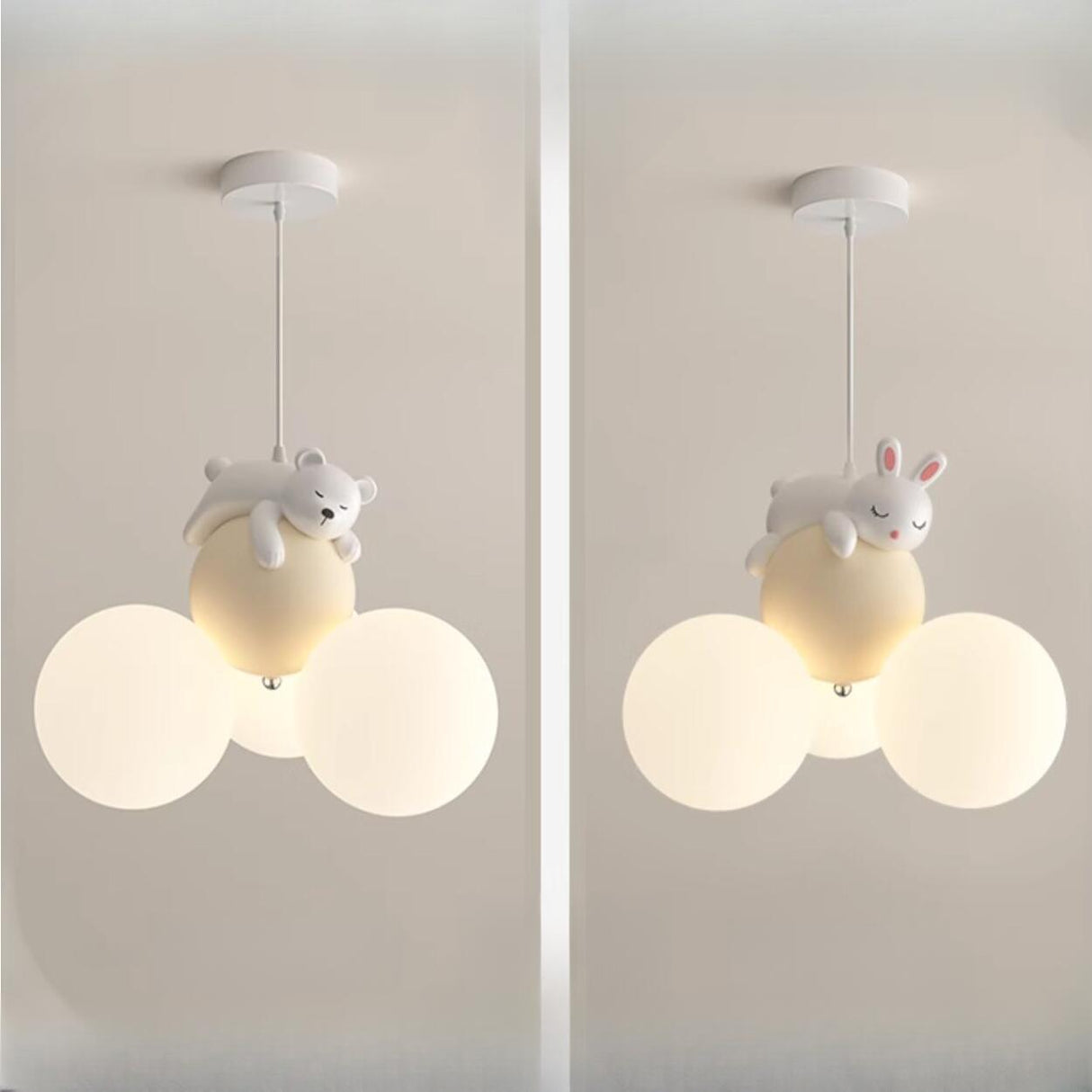 Kids Room White Globe Glass Resin Rabbit Bear Chandelier Image - 8