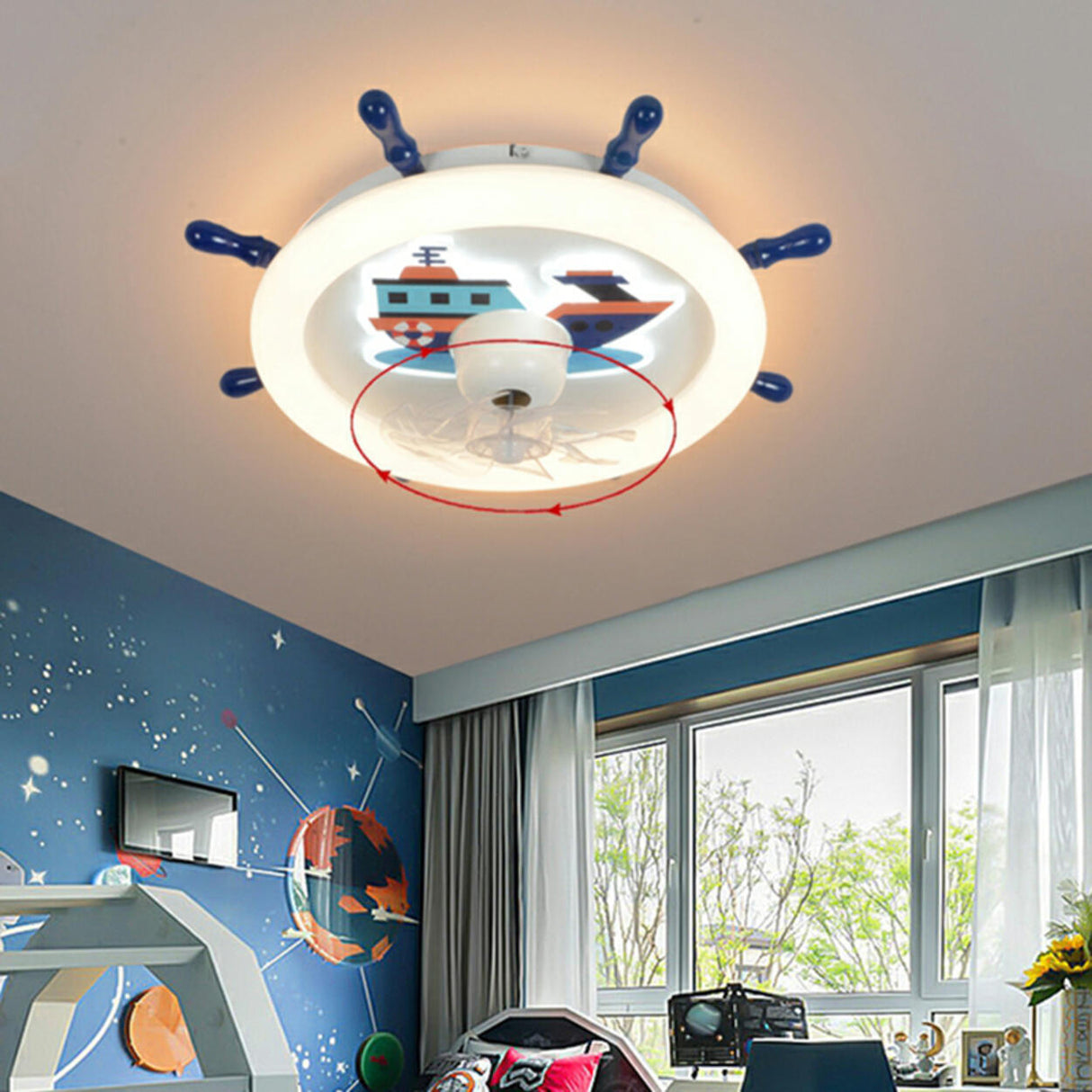 Kids Room White Round Nautical Ceiling Fan with Light Image - 1