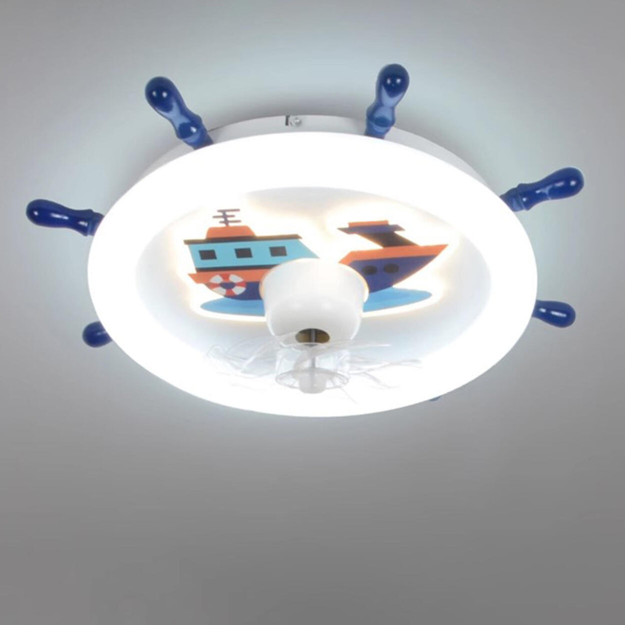 Kids Room White Round Nautical Ceiling Fan with Light Image - 10