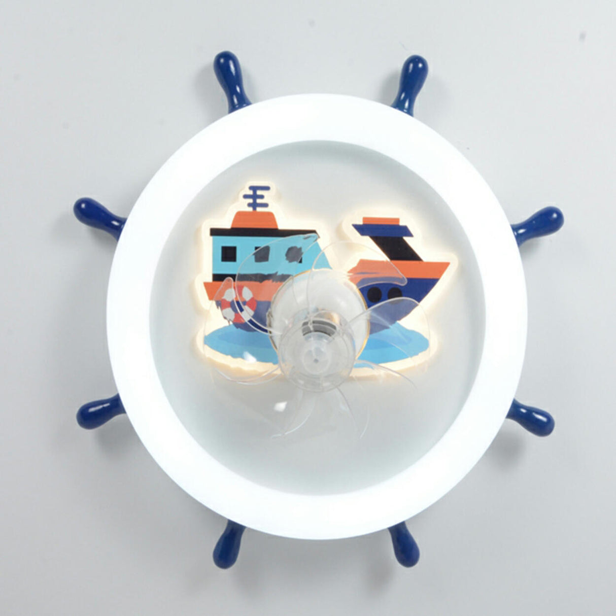 Kids Room White Round Nautical Ceiling Fan with Light Image - 11