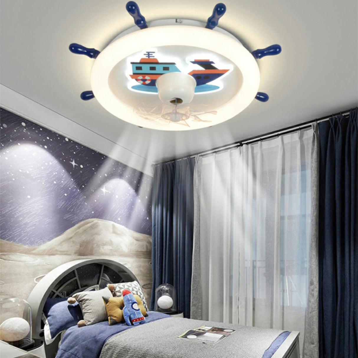 Kids Room White Round Nautical Ceiling Fan with Light Image - 13