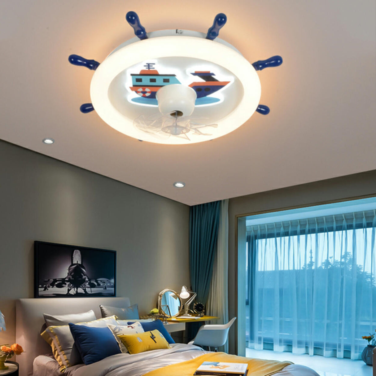 Kids Room White Round Nautical Ceiling Fan with Light Image - 3