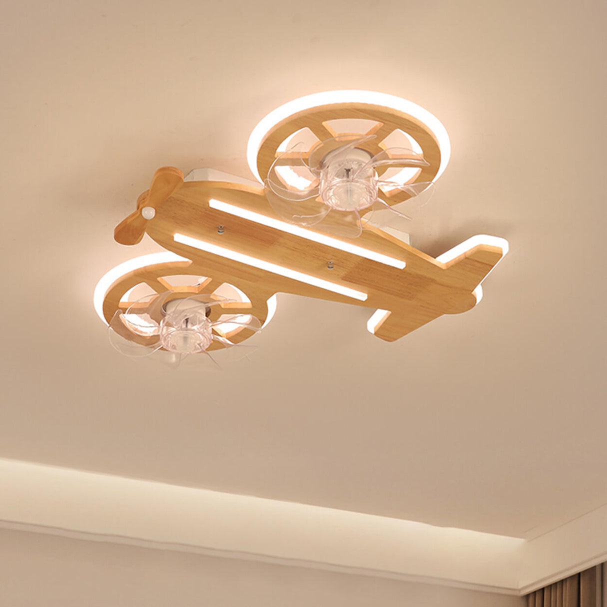 Kids Room Wooden Airplane Shaped Ceiling Fan with Light Image - 2