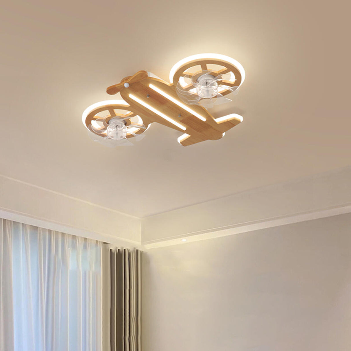 Kids Room Wooden Airplane Shaped Ceiling Fan with Light Image - 3