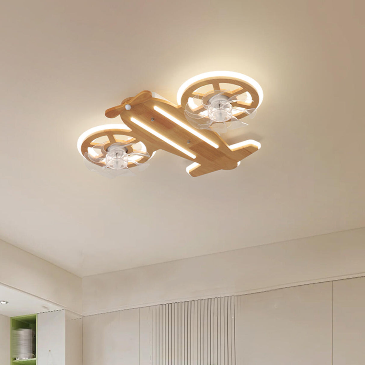 Kids Room Wooden Airplane Shaped Ceiling Fan with Light Image - 4