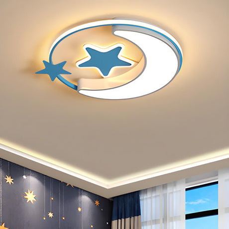 Kids Small Blue Star Moon LED Flush Mount Ceiling Light Image - 1