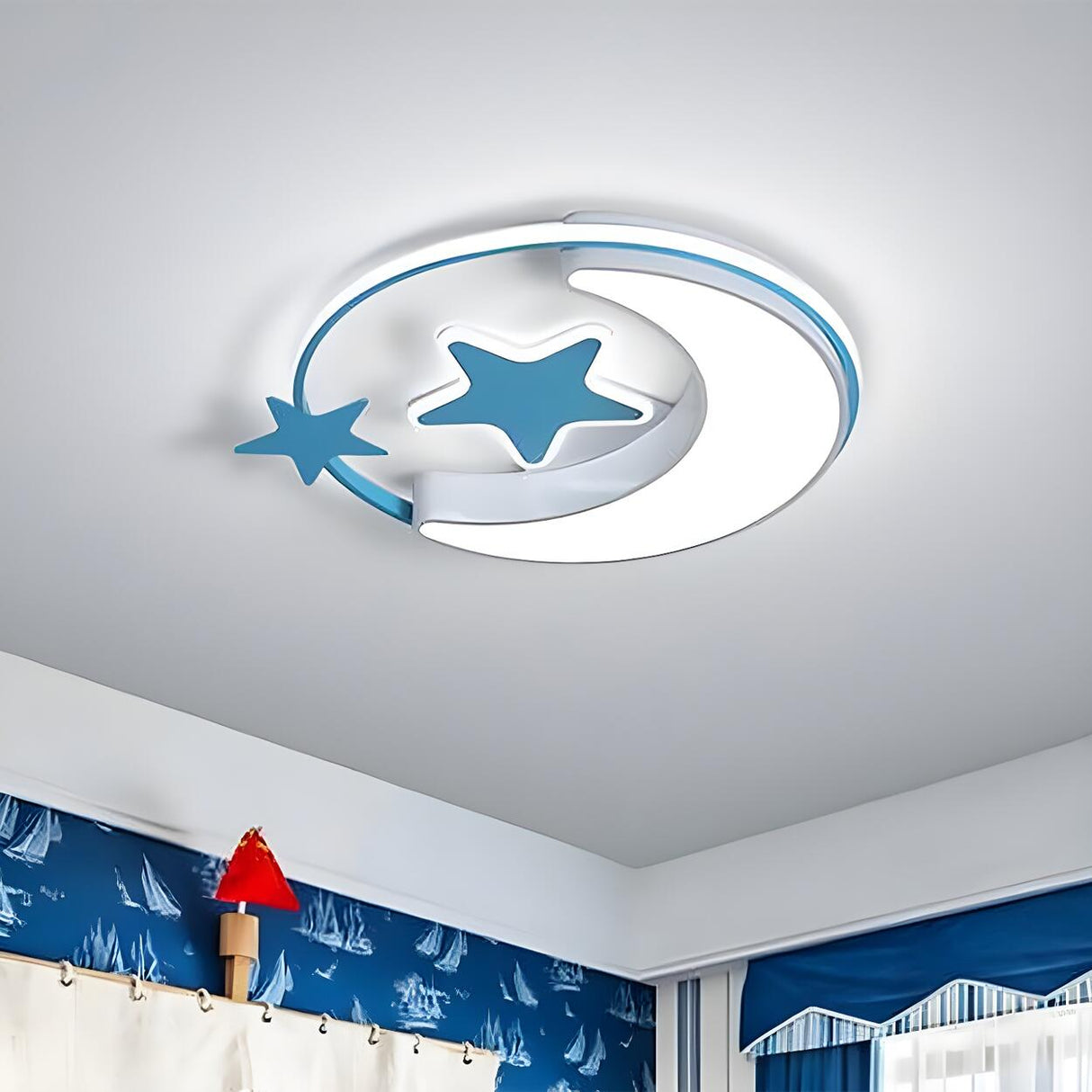 Kids Small Blue Star Moon LED Flush Mount Ceiling Light Image - 2