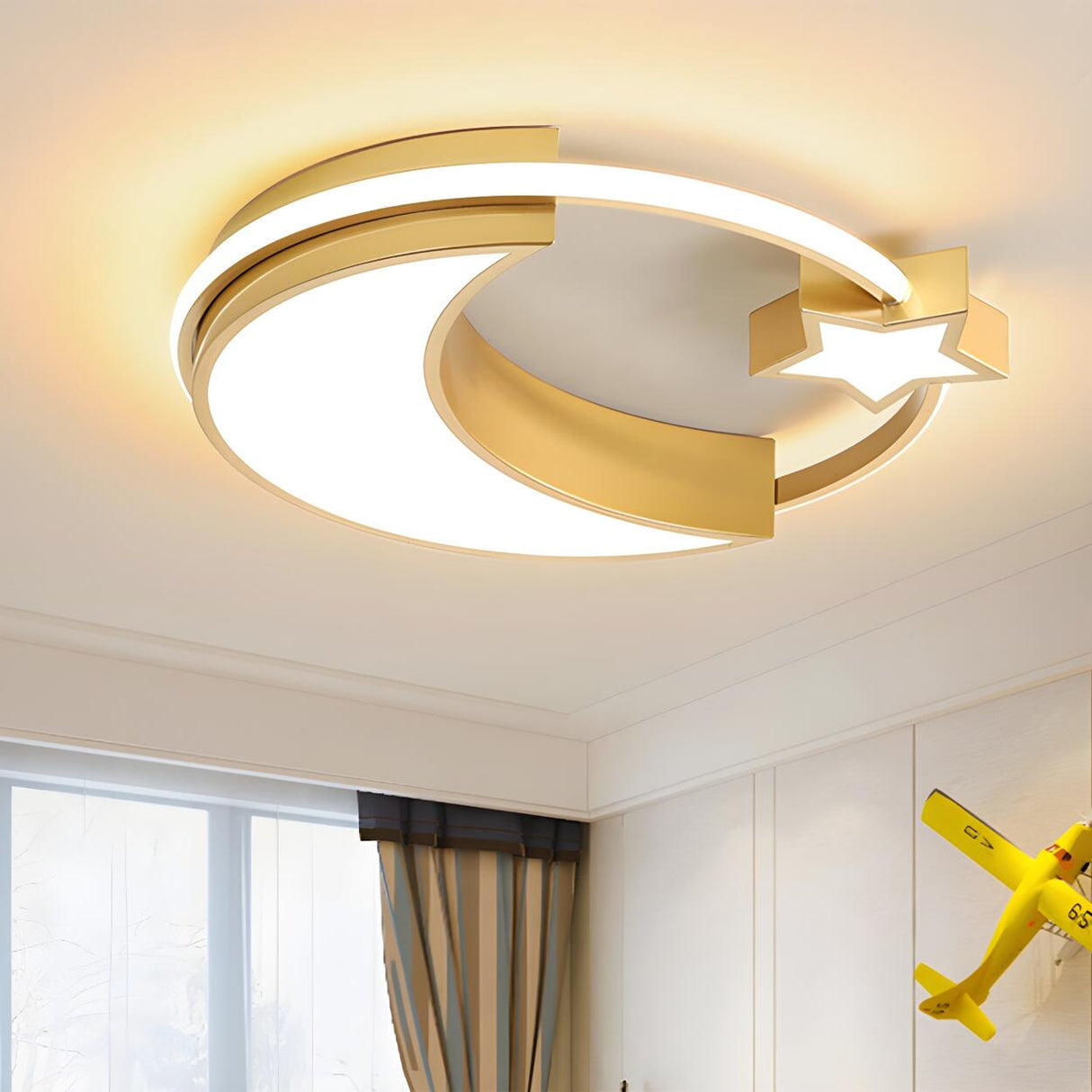 Kids Small Gold Moon Star LED Flush Mount Ceiling Light Image - 1