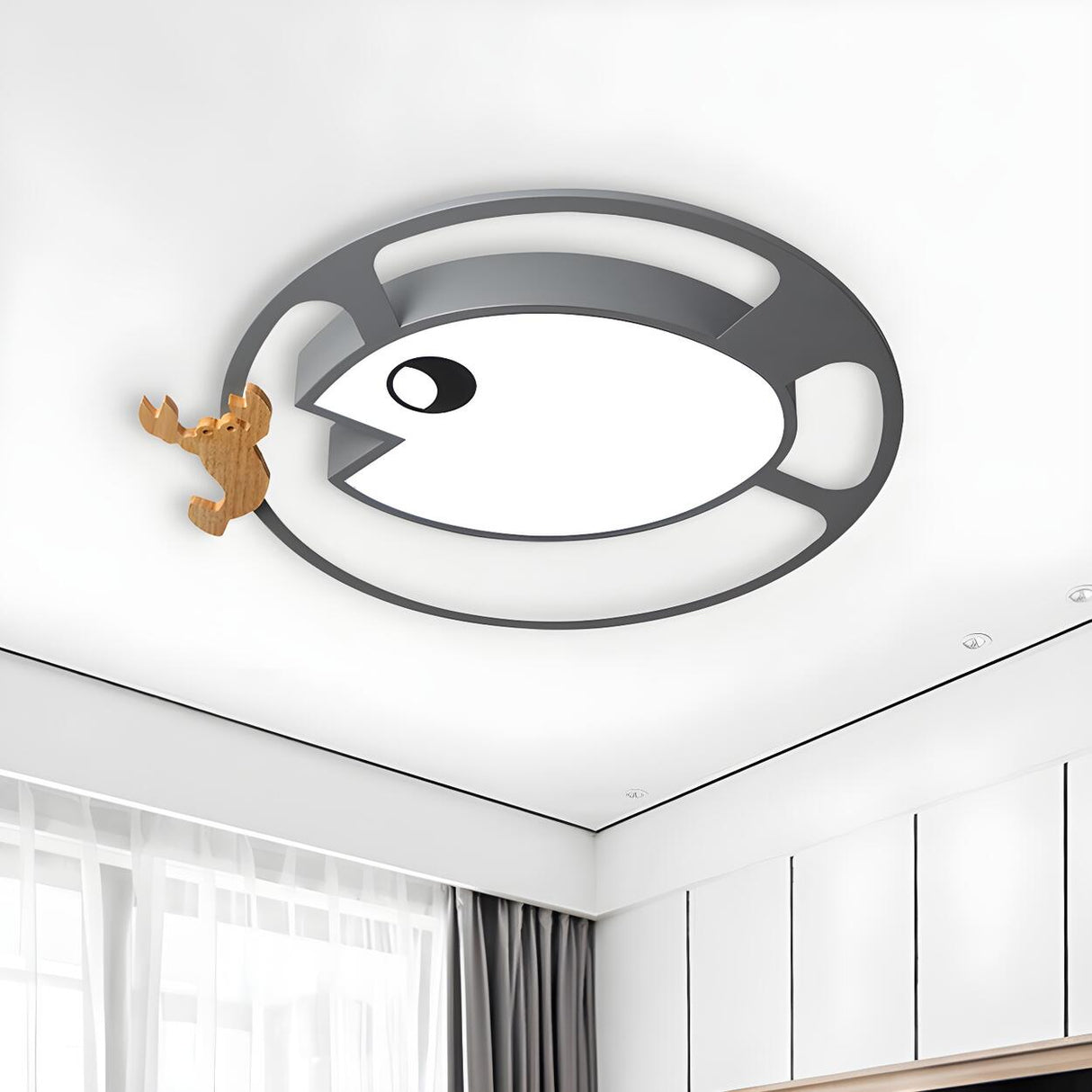 Kids Small Wood Shrimp Fish White LED Flush Mount Light Image - 10