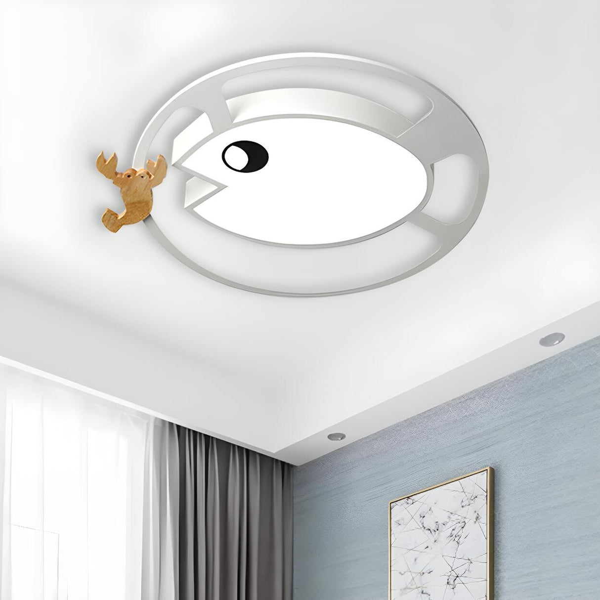 Kids Small Wood Shrimp Fish White LED Flush Mount Light Image - 2