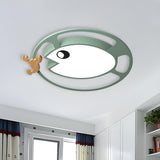 Kids Small Wood Shrimp Fish White LED Flush Mount Light Image - 6