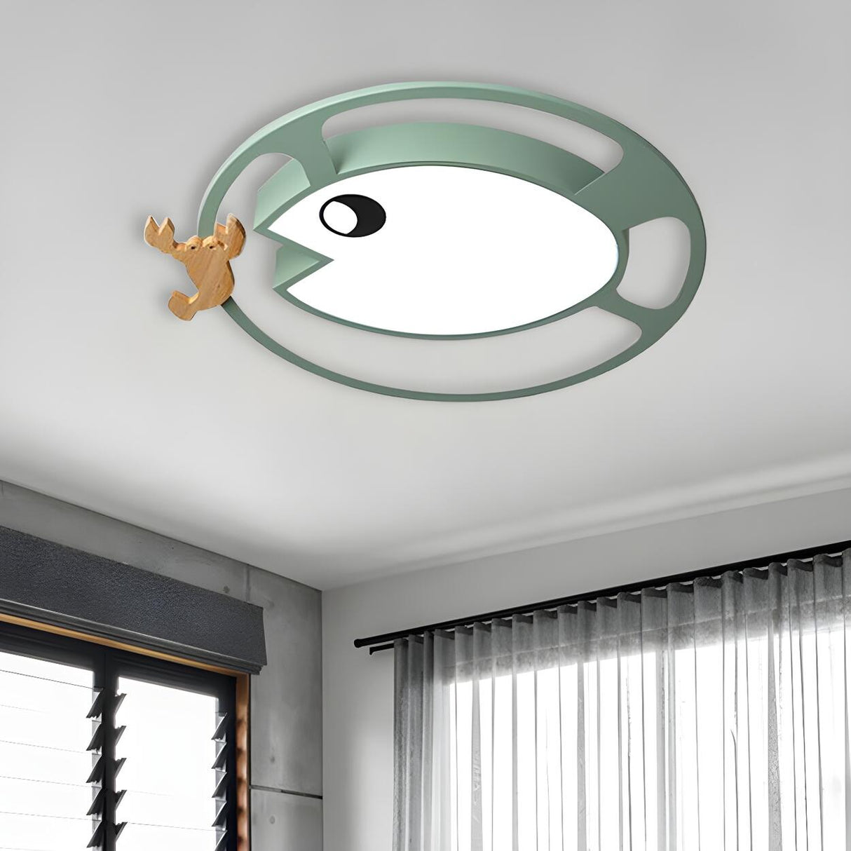 Kids Small Wood Shrimp Fish White LED Flush Mount Light Image - 7