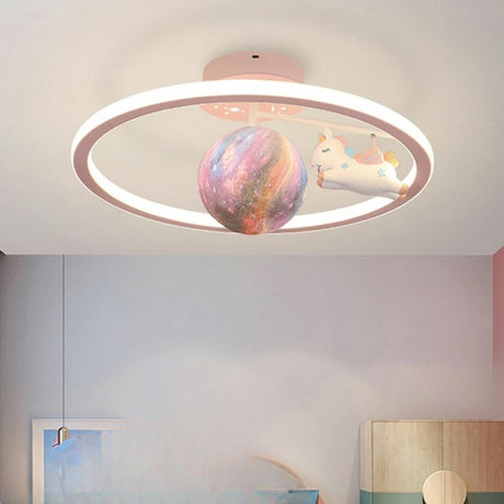 Kids Unicorn Planet Circle LED Semi-Flush Mount Light Image - 1