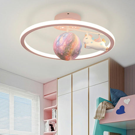 Kids Unicorn Planet Circle LED Semi-Flush Mount Light Image - 2