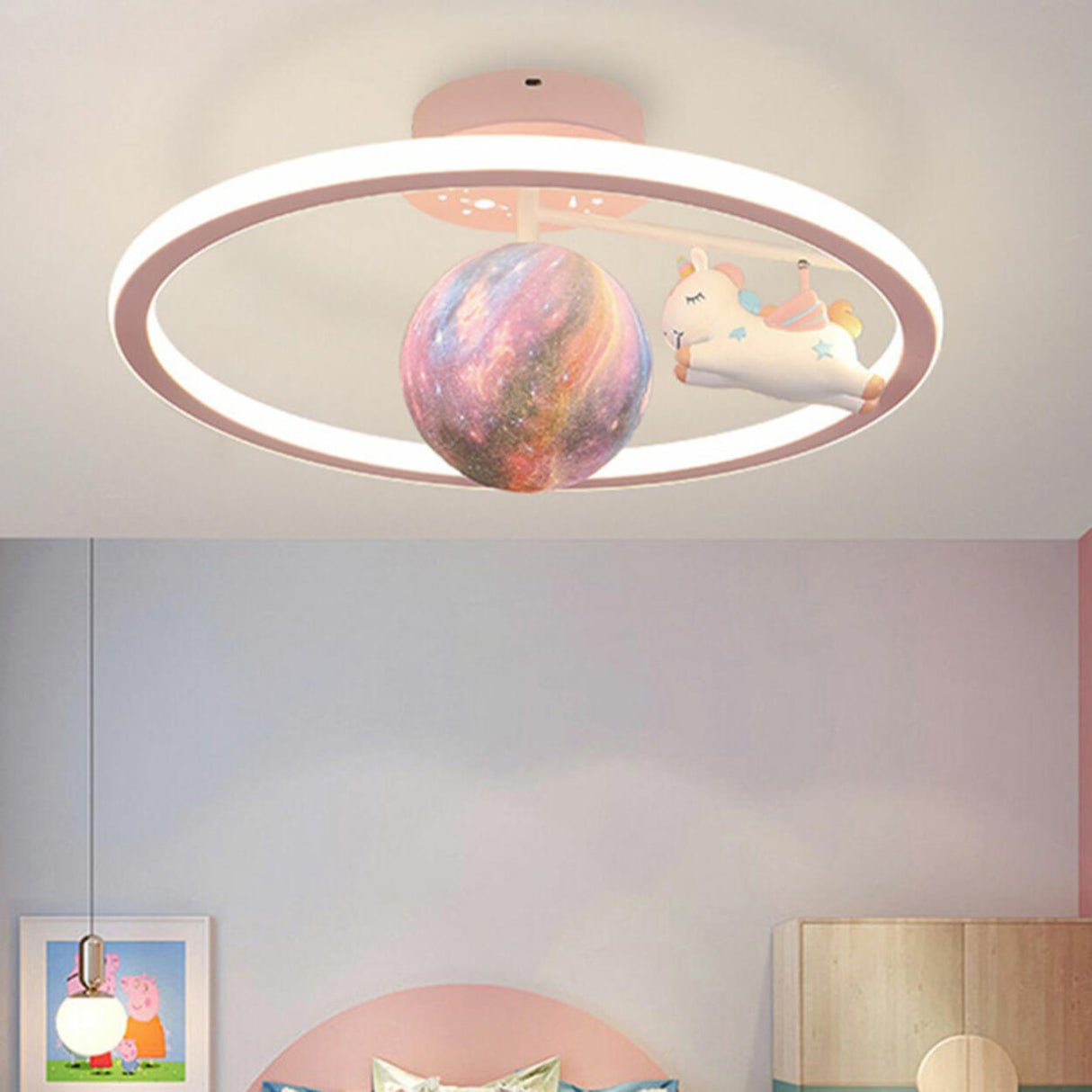 Kids Unicorn Planet Circle LED Semi-Flush Mount Light Image - 3