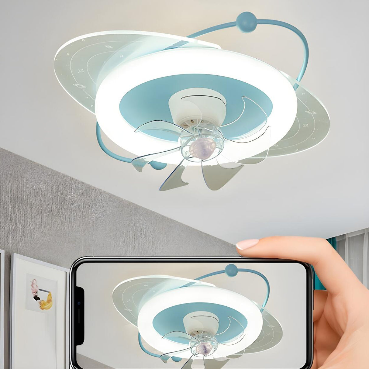 Kids' Room Creative Round Ceiling Fan with LED Light Image - 17