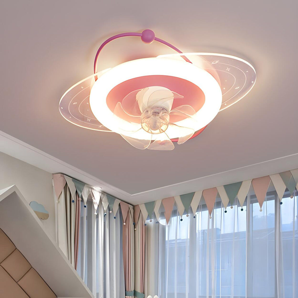 Kids' Room Creative Round Ceiling Fan with LED Light Image - 5