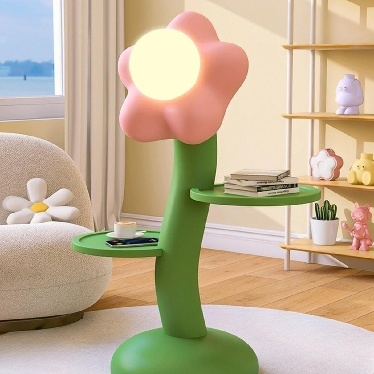 Kids' Room Unique Floral Floor Lamp with Dual Shelves Image - 4