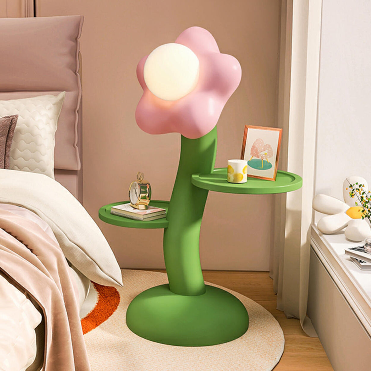 Kids' Room Unique Floral Floor Lamp with Dual Shelves Image - 5