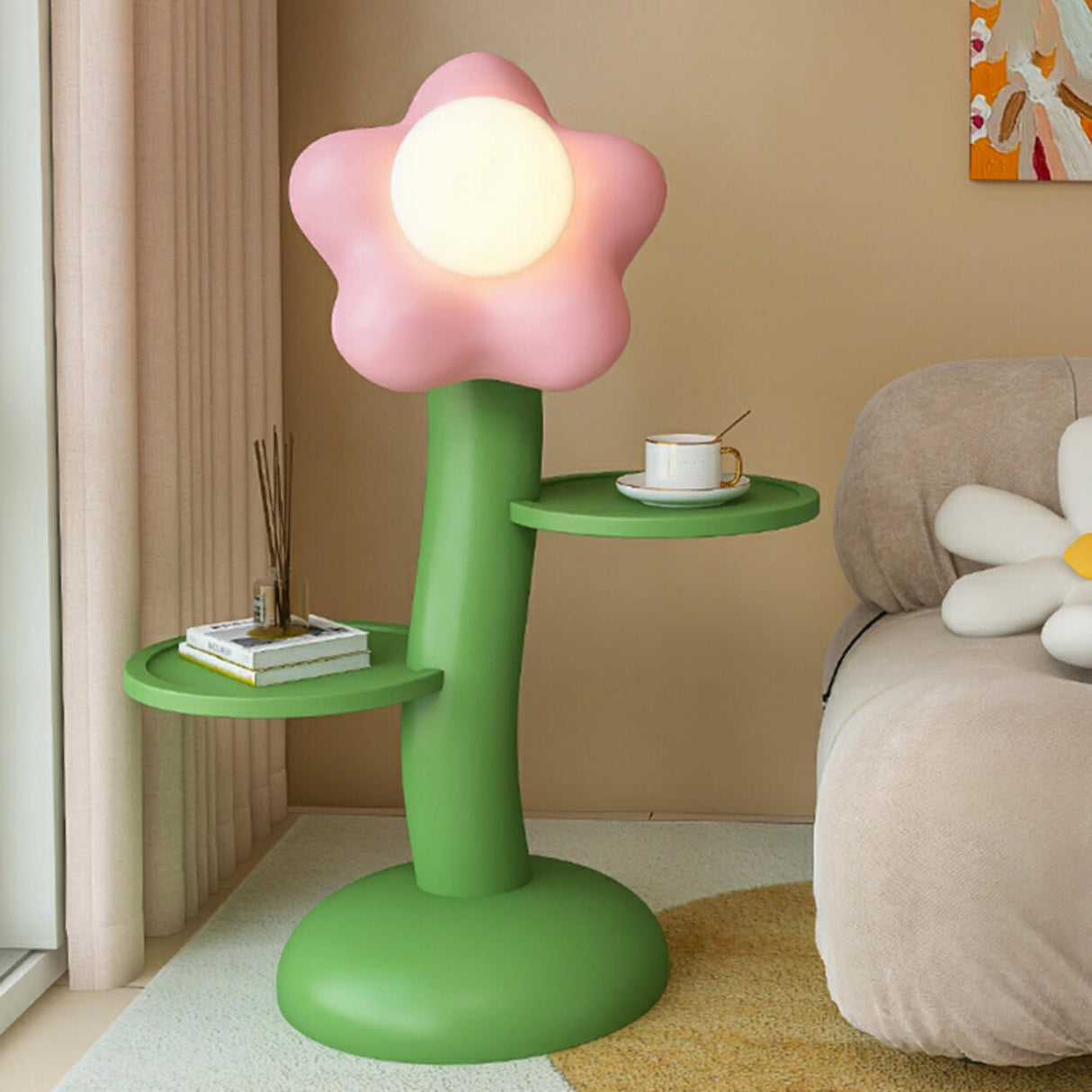 Kids' Room Unique Floral Floor Lamp with Dual Shelves Image - 6