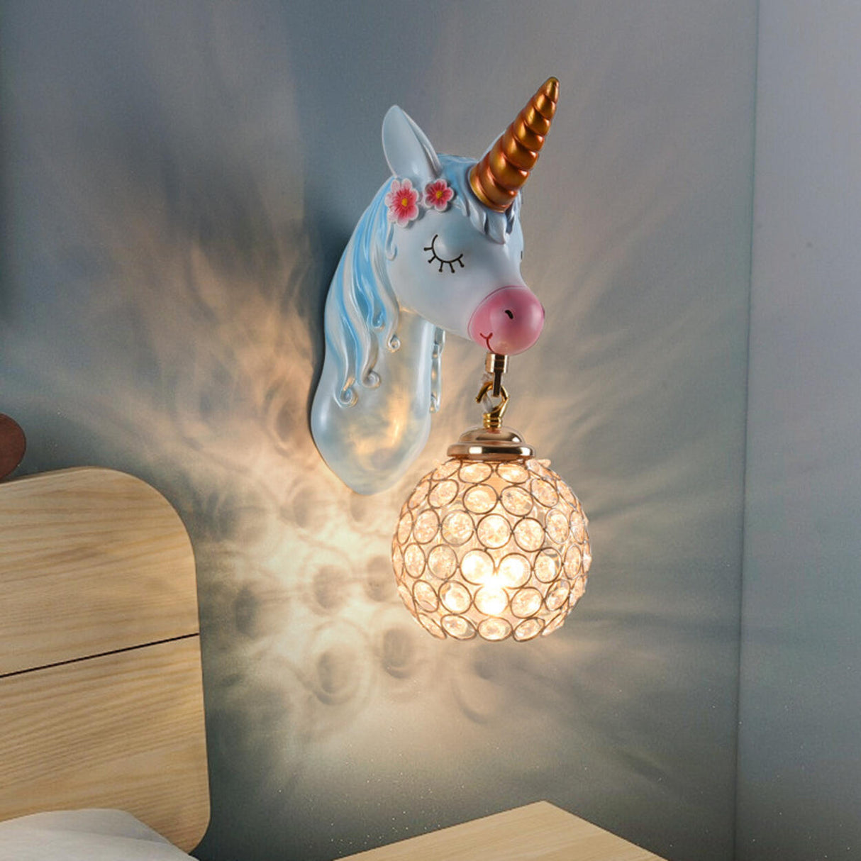 Kids' Room Whimsical Unicorn Crystal Globe Wall Light Image - 2