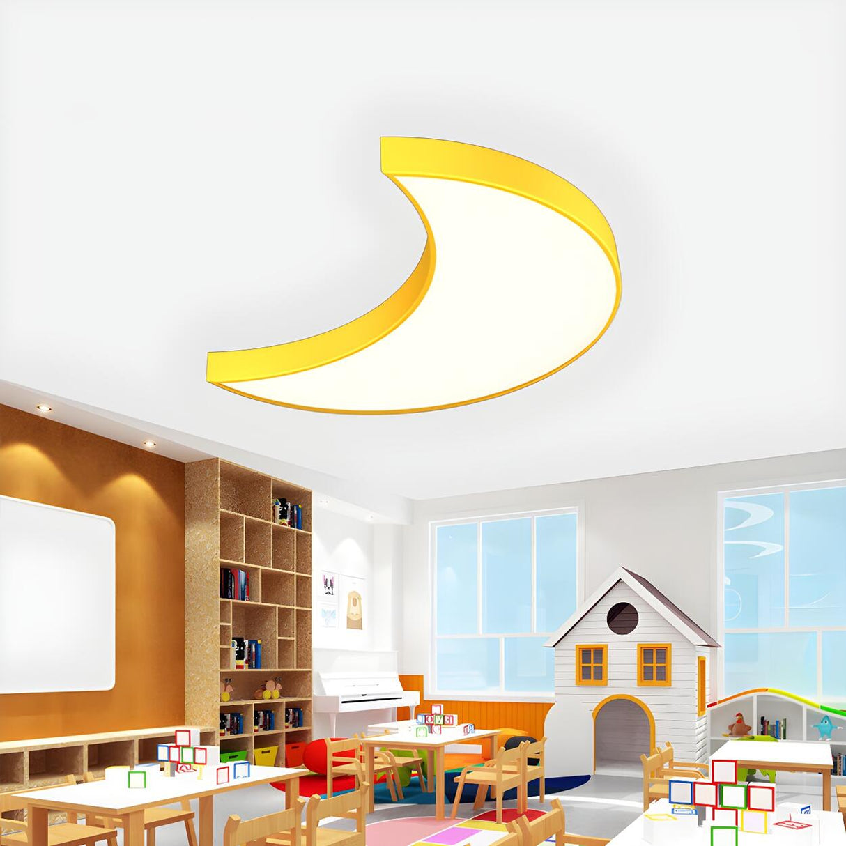 Kindergarten Yellow Crescent LED Flush Mount Light Image - 1