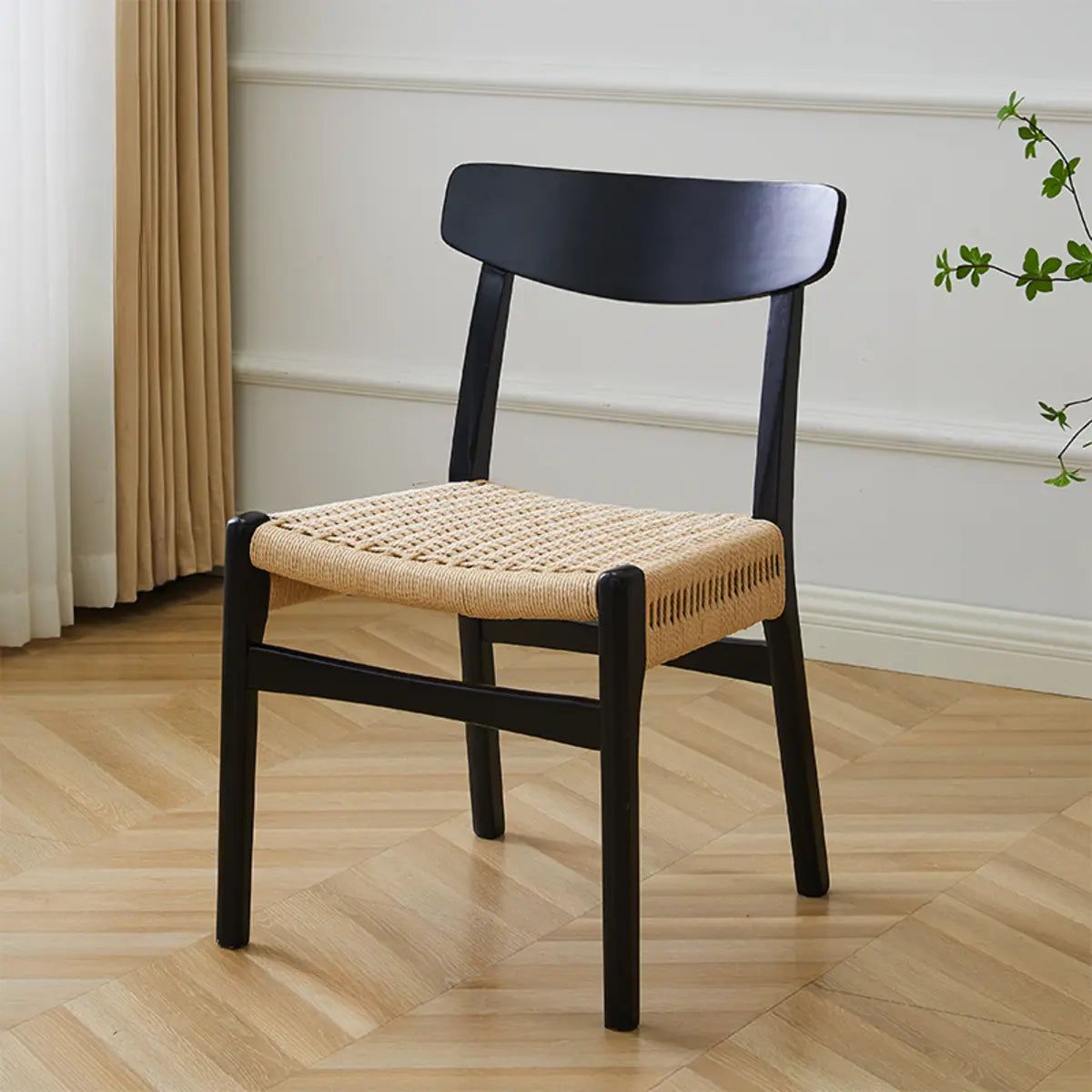 Kitchen Braided Rope Woven Wood Dining Chair Black Image - 4