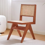 Kitchen Rectangle Rattan Back Wood Dining Chair Brown Image - 5