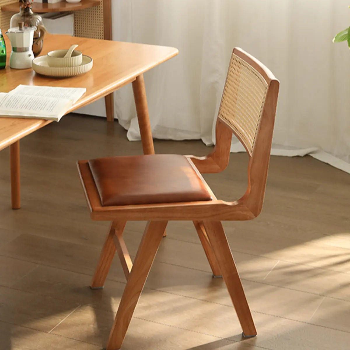 Kitchen Rectangle Rattan Back Wood Dining Chair Brown Image - 6