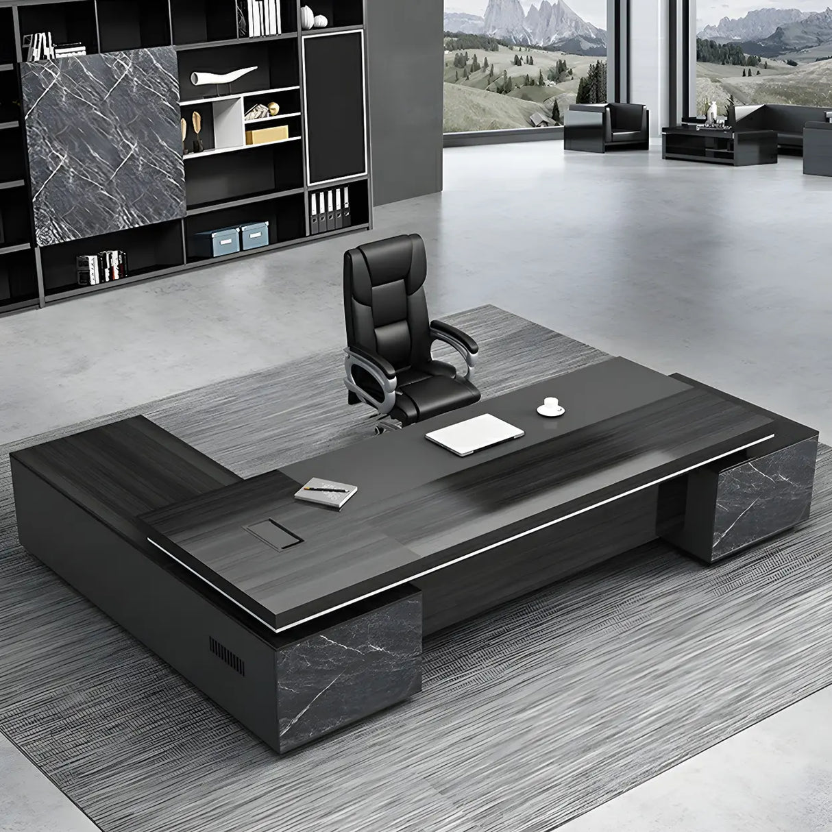 L-Shape Black Wood Drawers Storage Long Executive Desk Image - 5