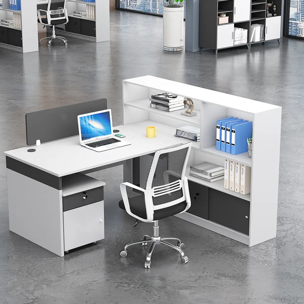 L-Shape Modern MDF White Spacious Storage Executive Desk Set Image - 1