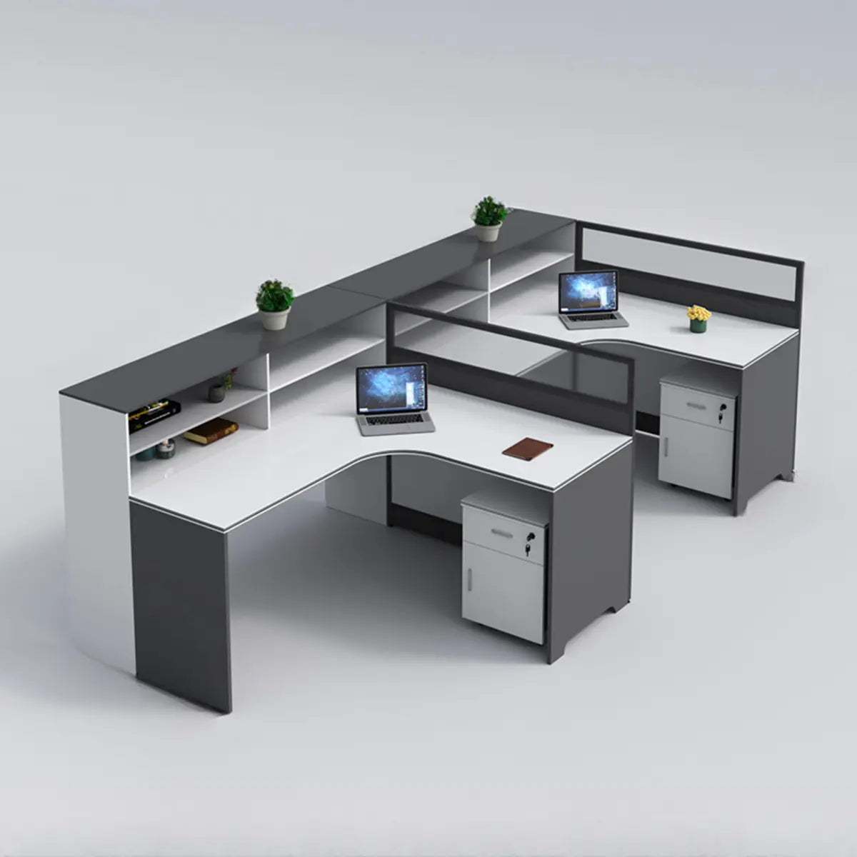 L-Shaped Modular Grey-White Storage Wood Office Desk Set Image - 10