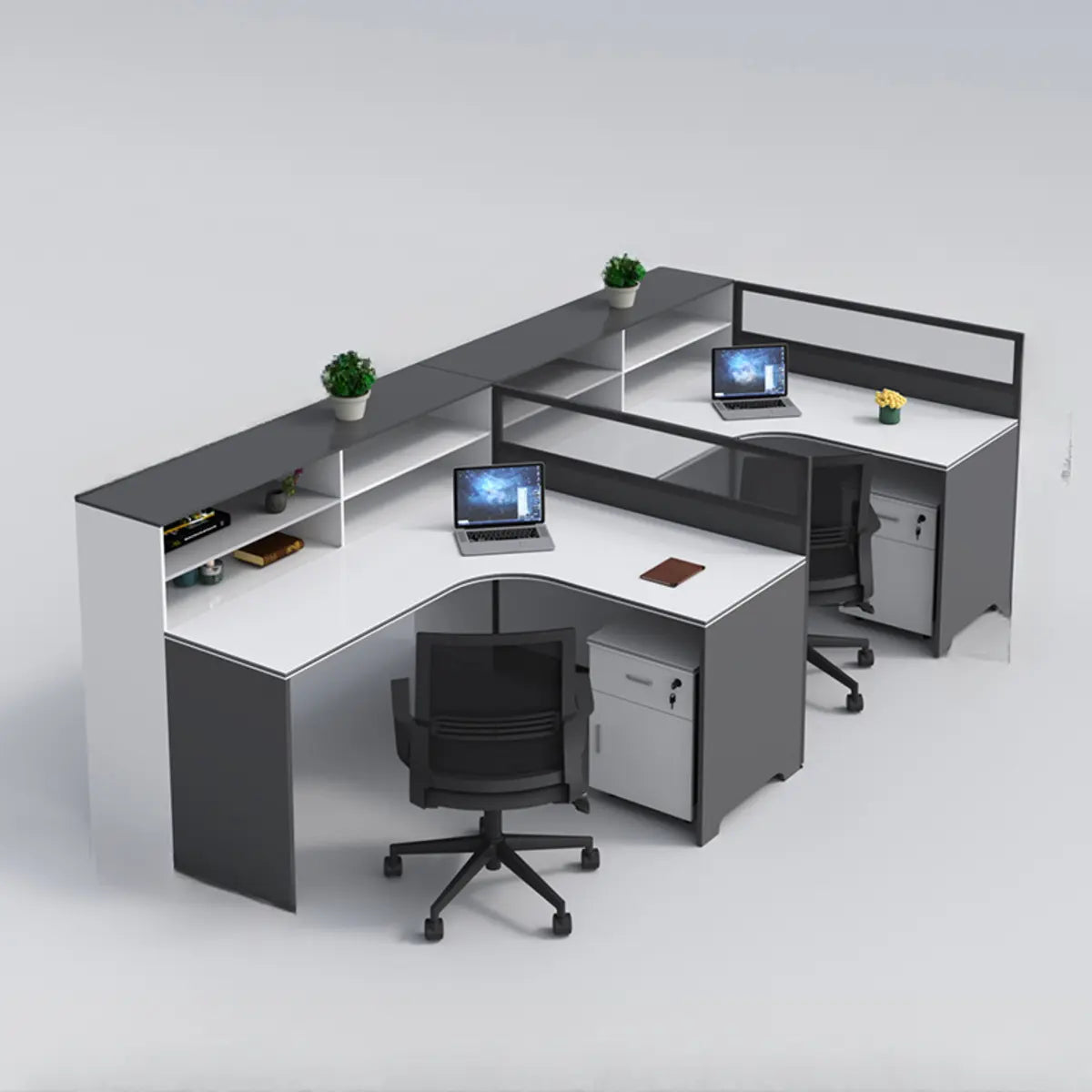 L-Shaped Modular Grey-White Storage Wood Office Desk Set Image - 11