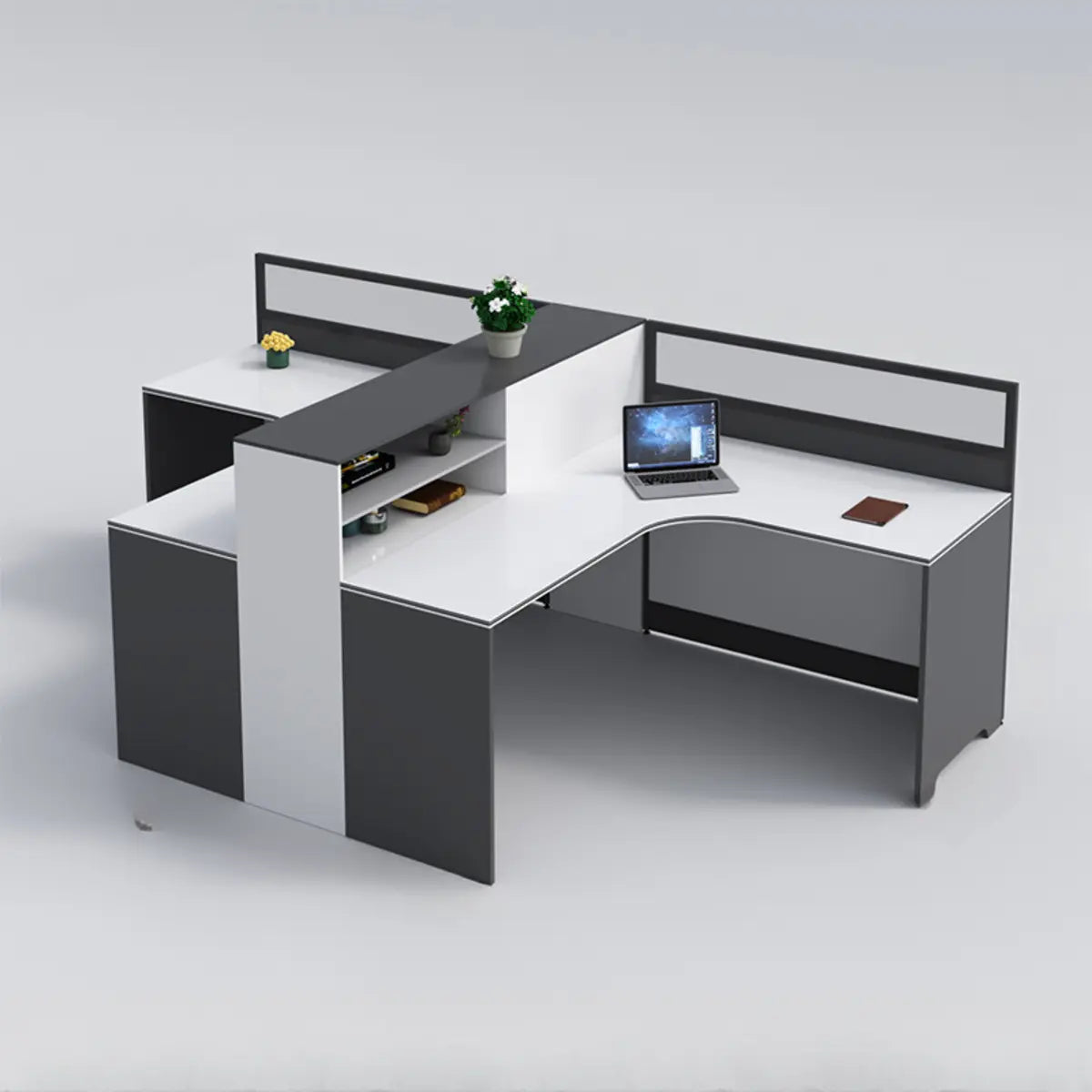 L-Shaped Modular Grey-White Storage Wood Office Desk Set Image - 16