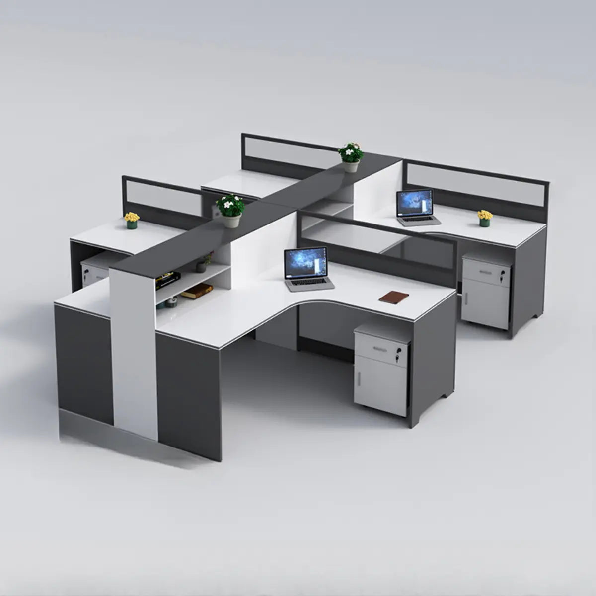 L-Shaped Modular Grey-White Storage Wood Office Desk Set Image - 20