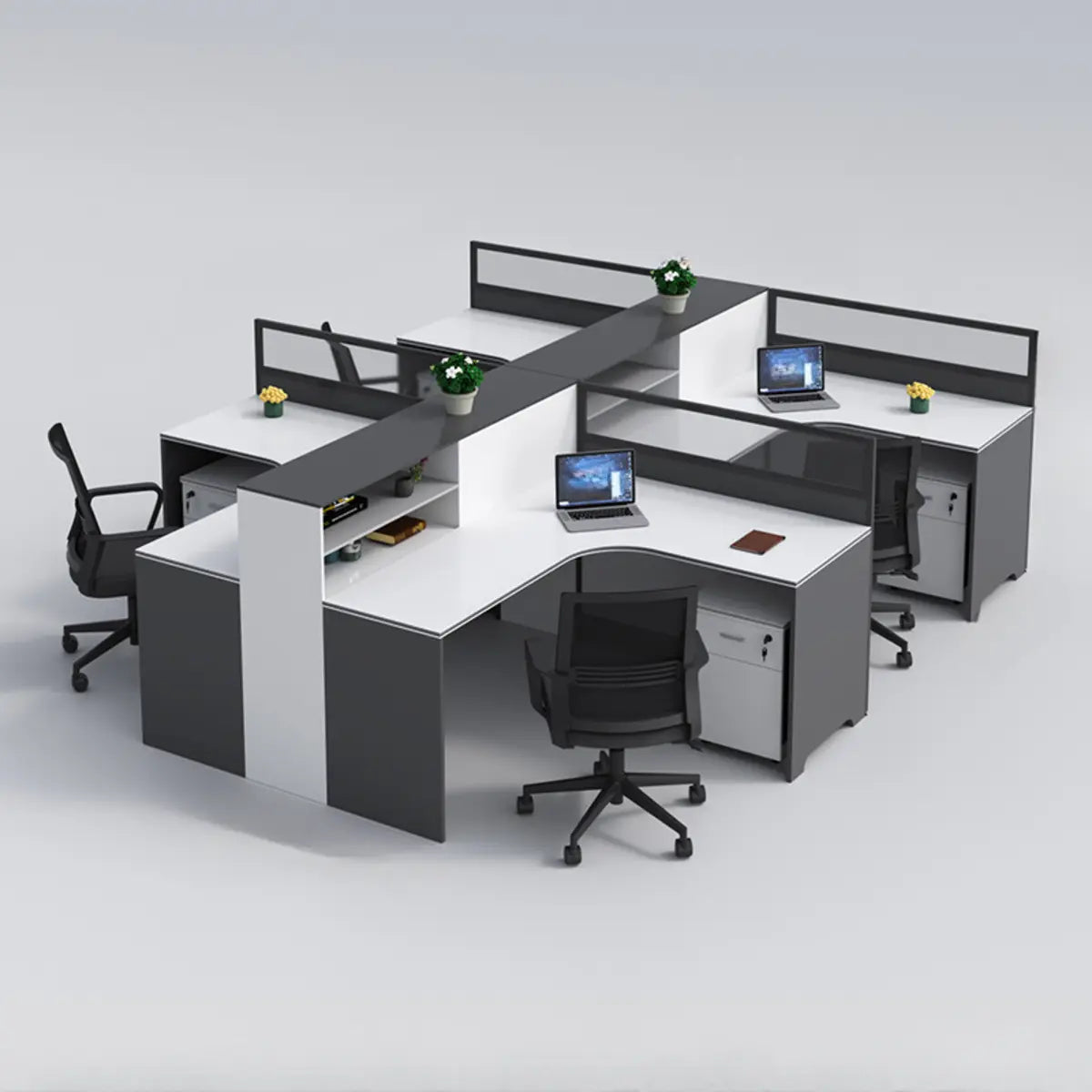 L-Shaped Modular Grey-White Storage Wood Office Desk Set Image - 21